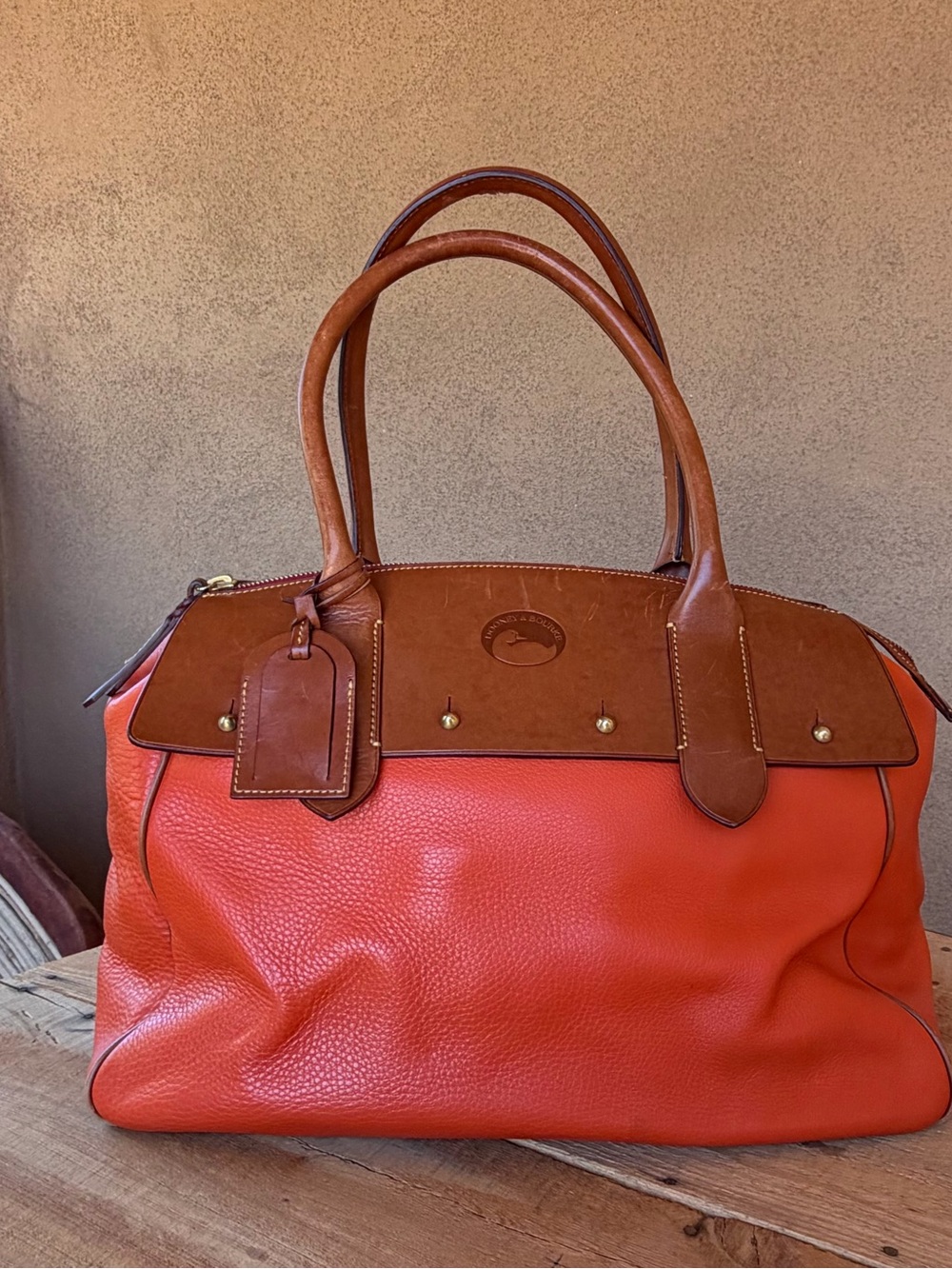 Dooney & Bourke Large Pebble Grain Leather Satchel Coral Orange Tan Trim